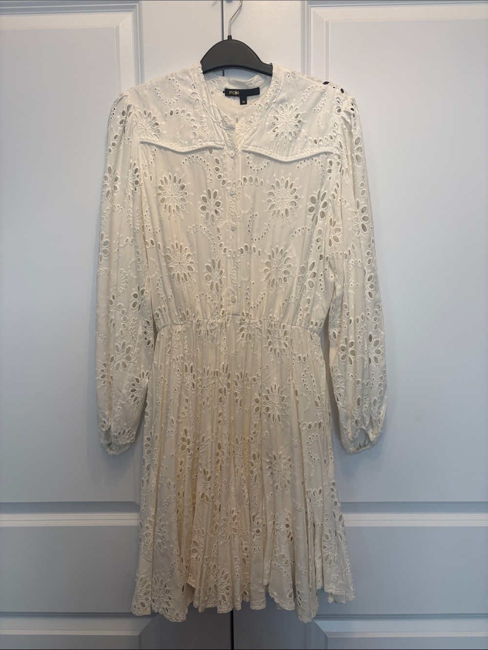 Maje Cream Eyelet Long Sleeve Midi Dress